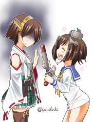 Rule 34 | 10s, 2girls, bare legs, brown hair, buttons, cowboy shot, detached sleeves, dress, eating, closed eyes, frilled skirt, frills, from side, gloom (expression), hairband, headgear, hiei (kancolle), japanese clothes, kantai collection, long sleeves, looking at another, multiple girls, neckerchief, no legwear, no pants, nontraditional miko, open mouth, plaid, plaid skirt, sailor dress, short hair, simple background, skirt, sogabe toshinori, standing, sweatdrop, thighhighs, torpedo, twitter username, white background, yukikaze (kancolle), zettai ryouiki