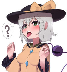 Rule 34 | 1girl, ?, black hat, blush, bow, breasts, commentary request, fang, frilled shirt collar, frills, green eyes, hair between eyes, hands up, hat, hat bow, highres, komeiji koishi, light green hair, long sleeves, looking ahead, medium breasts, open mouth, oral invitation, shirt, short hair, simple background, solo, spoken question mark, teeth, third eye, tongue, tongue out, topadori, touhou, upper body, upper teeth only, white background, wide sleeves, yellow bow, yellow shirt
