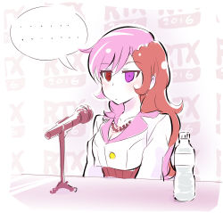 Rule 34 | ..., 10s, 1girl, 2016, blush, bottle, breasts, brown eyes, cleavage, expressionless, heterochromia, highres, iesupa, jewelry, jitome, long hair, microphone, microphone stand, multicolored hair, necklace, neo politan, purple eyes, roosterteeth, rwby, sitting, solo, split-color hair, spoken ellipsis, two-tone hair, upper body, water bottle