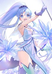 Rule 34 | 1girl, blue eyes, blue hair, breasts, capelet, dress, fate/grand order, fate (series), flower, gloves, hair ornament, highres, holding, long hair, magical girl, medea (lily) (fate), open mouth, pointy ears, ponytail, see-through, shipu (gassyumaron), smile, solo, strapless, strapless dress, thighhighs, very long hair