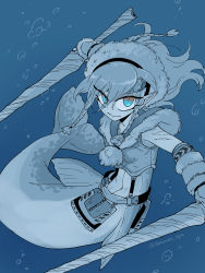 Rule 34 | 1girl, air bubble, artist name, blue background, blue eyes, blue theme, braid, brown eyes, bubble, closed mouth, colored skin, flippers, full body, fur trim, grey hair, grey skin, highres, holding, holding sword, holding weapon, looking at viewer, medium hair, monster girl, original, pointy ears, scar, scar on arm, seal (animal), sidelocks, simple background, sleeveless, slit pupils, solo, sword, twitter username, underwater, weapon, yamanobe saya