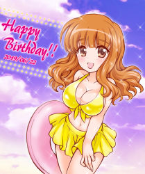 Rule 34 | 10s, 1girl, 2019, :d, bikini, bikini skirt, blue sky, blunt bangs, breasts, cleavage, cloud, cloudy sky, commentary, contrapposto, cowboy shot, dated, day, english text, front-tie bikini top, front-tie top, girls und panzer, happy, happy birthday, holding, holding swim ring, innertube, kuromori yako, large breasts, long hair, looking at viewer, navel, open mouth, orange eyes, orange hair, outdoors, sky, smile, solo, sparkle, standing, swim ring, swimsuit, takebe saori, yellow bikini