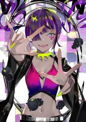 Rule 34 | 1girl, belt, breasts, bright pupils, charm (object), collar, collarbone, commentary request, fangs, floating hair, glowing nails, hair over one eye, highres, jewelry, lam (ramdayo), lightning bolt symbol, long hair, looking at viewer, midriff, multicolored eyes, nail polish, navel, neon palette, original, outstretched arms, parted lips, purple hair, ring, small breasts, solo, spiked collar, spikes, teeth, upper body, yellow nails