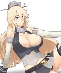 Rule 34 | 10s, 1girl, arm support, bare shoulders, belt, blonde hair, blue eyes, blush, breasts, cleavage, elbow gloves, front-tie top, garter straps, gloves, hamu koutarou, headgear, highres, iowa (kancolle), kantai collection, large breasts, long hair, looking at viewer, miniskirt, panties, pantyshot, simple background, sitting, skirt, smile, solo, star-shaped pupils, star (symbol), striped clothes, striped skirt, symbol-shaped pupils, thighhighs, underwear, vertical-striped clothes, vertical-striped skirt