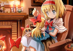 Rule 34 | 1girl, alice margatroid, blonde hair, blue eyes, bottle, bow, bowtie, braid, broom, candle, capelet, chair, character doll, doll, female focus, fireplace, givuchoko, hair bow, hairband, hat, hat bow, kirisame marisa, long hair, needle, photo (object), pin, sewing, shanghai doll, short hair, single braid, sitting, smile, solo, touhou, when you see it, witch, witch hat, wrist cuffs, yarn, yarn ball