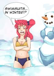 Rule 34 | 1girl, anna (fire emblem), bikini, cold, confused, crossed arms, fire emblem, frozen, highres, navel, nintendo, open mouth, ponytail, red eyes, red hair, runny nose, simple background, snot, snow, snowman, solo, speech bubble, swimsuit, tears, teeth, upper teeth only, wardrobe malfunction, winter