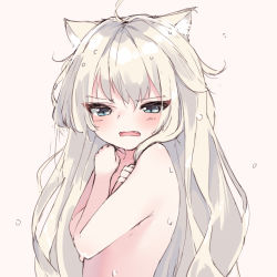Rule 34 | 1girl, ahoge, animal ear fluff, animal ears, blue eyes, blush, brown background, cat ears, covering privates, covering chest, crossed arms, fang, grey hair, hair between eyes, half-closed eyes, hamaru (s5625t), highres, long hair, nude, open mouth, original, simple background, solo, upper body, very long hair, wet