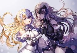 Rule 34 | 2girls, armor, blonde hair, breasts, dual persona, fate/apocrypha, fate/grand order, fate (series), ganik (pisshine), gauntlets, headpiece, holding hands, interlocked fingers, jeanne d&#039;arc (fate), jeanne d&#039;arc (ruler) (fate), jeanne d&#039;arc (third ascension) (fate), jeanne d&#039;arc alter (avenger) (fate), jeanne d&#039;arc alter (avenger) (third ascension) (fate), jeanne d&#039;arc alter (fate), long hair, looking at viewer, multiple girls, open mouth, purple eyes, yellow eyes
