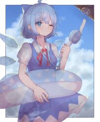 Rule 34 | 1girl, absurdres, ahoge, animal ears, blue dress, blue eyes, blue hair, blue sky, cat ears, cirno, closed mouth, cloud, collared shirt, commentary, cooler, dress, highres, innertube, looking at viewer, matcha yado, one eye closed, outdoors, shirt, short hair, short sleeves, sky, solo, swim ring, touhou, white shirt