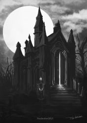 Rule 34 | 1girl, artist name, bare tree, bloodborne, bonnet, boots, building, cloak, cloud, cloudy sky, commentary request, copyright name, dress, greyscale, hat, highres, light, long sleeves, looking at viewer, monochrome, moon, plain doll, scenery, short hair, sky, solo, stairs, standing, tree, tripdancer