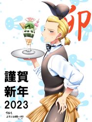 Rule 34 | 1boy, alternate costume, animal ears, apron, archaic japanese text, black bow, blonde hair, blue eyes, blush, bow, dated, expressionless, fake animal ears, fake tail, final fantasy, final fantasy tactics, food, fwa rw, hand on leg, highres, holding, holding tray, ice cream, looking at viewer, mustadio bunansa, ponytail, rabbit ears, rabbit tail, solo, tail, tray, waitress