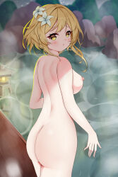 Rule 34 | 1girl, absurdres, ass, blonde hair, blush, breasts, completely nude, cowboy shot, flower, from behind, furrowed brow, genshin impact, hair flower, hair ornament, highres, knosdeba, large breasts, looking at viewer, lumine (genshin impact), nipples, nude, onsen, open mouth, outdoors, reflection, reflective water, rock, short hair with long locks, simple background, solo, standing, stone lantern, water, white flower, yellow eyes