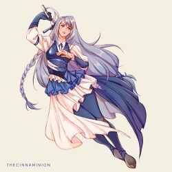 1girl artist_name blue_pants blue_ribbon blue_skirt blue_vest boots braid breasts final_fantasy final_fantasy_xvi frilled_skirt frills full_body gloves grey_eyes grey_hair hair_ribbon holding holding_sword holding_weapon jill_warrick long_hair long_sleeves low-tied_long_hair medium_breasts pants parted_lips ribbon shirt side_braid single_braid single_glove skirt solo sword thar_chandran vest weapon weapon_behind_back white_shirt white_skirt