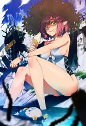 Rule 34 | 1girl, bare legs, bare shoulders, bird, blush, breasts, brown hat, casual one-piece swimsuit, chyko, closed mouth, day, food, green eyes, hat, highres, holding, holding food, ice cream, ice cream cone, large breasts, looking at viewer, one-piece swimsuit, original, outdoors, penguin, pink hair, pointy ears, ruins, short hair, sideboob, sitting, smile, soaking feet, soft serve, solo, straw hat, swimsuit, water, white one-piece swimsuit, wrist cuffs