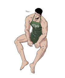 1boy ao_isami apron bara black_hair commentary covered_pectorals ekstmekajr feet full_body green_apron highres korean_commentary male_focus muscular muscular_male naked_apron short_hair sitting solo spread_legs thick_thighs thighs yuuki_bakuhatsu_bang_bravern