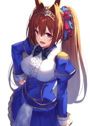 Rule 34 | 1girl, :d, absurdres, animal ears, black bow, blue jacket, bow, breasts, brown hair, center frills, commentary request, daiwa scarlet (umamusume), epaulettes, fang, frills, hair between eyes, hair bow, hair intakes, hand on own hip, highres, horse ears, jacket, juliet sleeves, large breasts, long hair, long sleeves, looking at viewer, open mouth, pleated skirt, puffy sleeves, purple eyes, red bow, shirt, simple background, skirt, smile, solo, tiara, twintails, umamusume, very long hair, white background, white shirt, white skirt, yuuki nao (pixiv10696483)