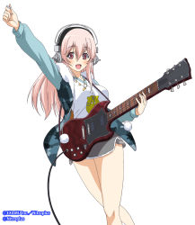 Rule 34 | 1girl, blush, breasts, company name, electric guitar, guitar, hair between eyes, headphones, highres, instrument, large breasts, long hair, looking at viewer, nitro+ blasterz, nitroplus, official art, open mouth, pink eyes, pink hair, pom pom (clothes), raglan sleeves, skirt, smile, solo, super sonico