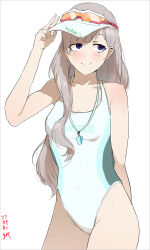 Rule 34 | 1girl, absurdres, black hair, breasts, competition swimsuit, cowboy shot, facing viewer, grey hair, highres, idolmaster, idolmaster shiny colors, long hair, medium breasts, one-piece swimsuit, sideways glance, simple background, solo, standing, sunglasses, swimsuit, two-tone swimsuit, visor cap, whistle, whistle around neck, white background, yukoku kiriko, ywr