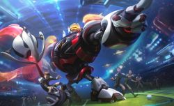 Rule 34 | 6+boys, absurdres, ball, black hair, blitzcrank, brown hair, dutch angle, glowing, highres, league of legends, multiple boys, official art, playing sports, pointing, robot, second-party source, short hair, soccer, soccer ball, solo focus, standing, station, uniform, zenith games blitzcrank