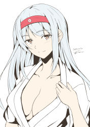 Rule 34 | 1girl, artist name, breasts, brown eyes, cleavage, closed mouth, dated, grey hair, hairband, hakama, highres, japanese clothes, kantai collection, large breasts, long hair, looking at viewer, red hairband, shoukaku (kancolle), simple background, solo, taira yuuki, upper body, white background