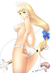 Rule 34 | 1boy, 1girl, adjusting clothes, adjusting swimsuit, ass, back, bikini, blonde hair, blood, blush, butt crack, chibi, chibi inset, clalaclan philias, cowboy shot, crown, earrings, from behind, from side, green eyes, highres, jewelry, lintanghaseo, long hair, looking back, low-tied long hair, nosebleed, perspective, rage (shining blade), sega, shining (series), shining blade, shining wind, shiny skin, skindentation, solo focus, standing, strap gap, stud earrings, swimsuit, thighs, very long hair, white background, white bikini