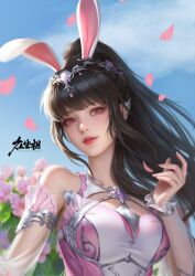 Rule 34 | 1girl, animal ears, arm up, blue sky, braid, breasts, brown hair, cloud, douluo dalu, dress, falling petals, flower, hair ornament, highres, long hair, medium breasts, parted lips, petals, pink dress, pink eyes, pink flower, ponytail, rabbit ears, san ge xiao huoqiang, second-party source, sky, solo, teeth, upper body, xiao wu (douluo dalu)