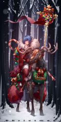 Rule 34 | 1girl, bell, bikini, blue eyes, blue hair, bodysuit, bow, breasts, candy, candy cane, christmas, christmas lights, christmas ornaments, christmas tree, cloak, commentary, elbow gloves, fishnet bodysuit, fishnets, food, forest, fur trim, gingerbread man, gloves, highres, looking to the side, medium breasts, naidong, naidong (artist), nature, original, red bikini, red cloak, red gloves, red thighhighs, reindeer, riding, sack, santa bikini, santa costume, short hair, snowing, solo, swimsuit, thighhighs, wreath