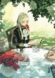 Rule 34 | 1girl, aiguillette, ascot, basket, blonde hair, blue eyes, book, cape, chair, commentary, cookie, cup, edelgard von hresvelg, english commentary, fire emblem, fire emblem: three houses, flower, food, garden, garreg mach monastery uniform, gloves, hair ribbon, half updo, highres, holding, holding book, leaf, light blush, long hair, mueririko, nintendo, open book, outdoors, red cape, red flower, ribbon, sidelocks, sitting, solo, stuffed animal, stuffed toy, sugar cube, table, tablecloth, teacup, teaspoon, teddy bear, vase, white ascot, white gloves