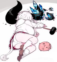 Rule 34 | 1girl, ass, breasts, broken horn, brown footwear, commentary request, cow tail, hammer, hood, hood down, horns, jacket, large breasts, long sleeves, lying, mato tsuyoi, meme, on side, original, panties, piggy bank, red skirt, skirt, socks, solo, tail, underwear, white hair, white jacket, white panties, yamada vanhouten (mato tsuyoi), yamcha pose (meme)