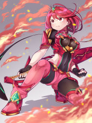 Rule 34 | 1girl, absurdres, aegis sword (xenoblade), black gloves, breasts, chest jewel, earrings, fingerless gloves, gloves, highres, hiruclimbing, jewelry, large breasts, nintendo, pantyhose, pyra (xenoblade), red eyes, red hair, red shorts, red thighhighs, short hair, short shorts, shorts, solo, super smash bros., swept bangs, sword, thighhighs, tiara, weapon, xenoblade chronicles (series), xenoblade chronicles 2
