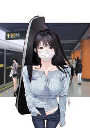 Rule 34 | 1girl, absurdres, black eyes, black hair, black pants, breasts, buttons, cowboy shot, grey shirt, guitar case, guitar little sister (hitomi o), highres, hitomi o, instrument case, instrument on back, long hair, looking at viewer, mask, medium breasts, mouth mask, open fly, original, pants, shirt, sleeves past wrists, solo focus, white mask