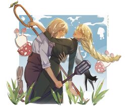 Rule 34 | 2girls, ^ ^, ambrosia (dungeon meshi), black pants, blonde hair, blue sky, border, braid, cat, closed eyes, cloud, collared dress, commentary, cowboy shot, day, dress, dungeon meshi, elf, english commentary, falin touden, falin touden (chimera), feathers, floating hair, from side, grass, green dress, hand on another&#039;s back, happy, high-waist pants, highres, holding, holding lantern, lantern, leaning back, long hair, looking at another, low-braided long hair, low-tied long hair, marcille donato, michiiyuri, multiple girls, open mouth, outdoors, outside border, pants, pointy ears, profile, rabbit, ship name, shirt, shirt tucked in, short hair, single braid, sky, smile, standing, walking mushroom (dungeon meshi), white border, white shirt, yellow eyes, yuri