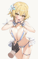Rule 34 | 1girl, absurdres, arm strap, bare shoulders, black gloves, blonde hair, blush, breasts, choker, cleavage, collarbone, flower, genshin impact, gloves, hair flower, hair ornament, hands on own face, highres, large breasts, looking at viewer, lumine (genshin impact), medium hair, navel, open mouth, piyo (pixiv 2308057), simple background, skindentation, solo focus, thigh gap, thigh strap, yellow eyes