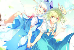 Rule 34 | 2girls, aqua hair, blue eyes, bow, cirno, daiyousei, dress, fairy, fairy wings, green eyes, green hair, hair ribbon, highres, holding hands, ice, ice wings, looking at viewer, multiple girls, open mouth, puffy short sleeves, puffy sleeves, ribbon, short hair, short sleeves, side ponytail, simple background, tamiku (shisyamo609), touhou, wings