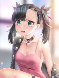 Rule 34 | 1girl, asymmetrical bangs, black choker, black hair, black jacket, blush, breasts, choker, cleavage, collarbone, creatures (company), dress, earrings, embarrassed, game freak, gmh (gmh), green eyes, hair ribbon, highres, jacket, jacket partially removed, jewelry, looking at viewer, marnie (pokemon), medium breasts, medium hair, nintendo, open mouth, pendant choker, pink dress, pokemon, pokemon swsh, red ribbon, ribbon, short dress, solo, twintails, two side up