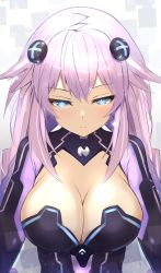 Rule 34 | 1girl, absurdres, bimmy, blue eyes, breasts, choujigen game neptune, cleavage, closed mouth, frown, highres, large breasts, long hair, looking at viewer, neptune (neptunia), neptune (series), power symbol-shaped pupils, purple hair, purple heart (neptunia), shin jigen game neptune vii, simple background, solo, symbol-shaped pupils, upper body, white background