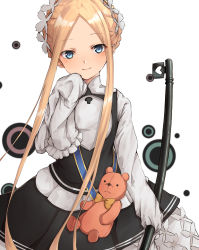 Rule 34 | 1girl, abigail williams (fate), abigail williams (festival outfit) (fate), apron, bao (s 888), black skirt, blonde hair, blue eyes, bow, braid, butterfly hair ornament, fate/grand order, fate (series), french braid, hair ornament, heroic spirit chaldea park outfit, highres, key, long hair, maid, maid apron, maid headdress, mary janes, official alternate costume, orange bow, parted bangs, shoes, simple background, skirt, sleeves past fingers, sleeves past wrists, solo, stuffed animal, stuffed toy, teddy bear, white background, white bow