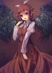 Rule 34 | 1girl, animal ears, black wings, blush, bow, breasts, dress, fingernails, hand to own mouth, hat, long fingernails, md5 mismatch, mystia lorelei, open mouth, purple hair, red eyes, resolution mismatch, sharp fingernails, short hair, simple background, small breasts, smile, solo, source smaller, touhou, ukyo rst, wings