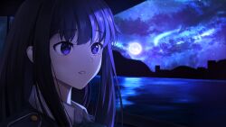 Rule 34 | 1girl, absurdres, black hair, chxoswolf, cloud, collared shirt, full moon, highres, inoue takina, long hair, looking at another, lycoris recoil, lycoris uniform, moon, moonlight, mountainous horizon, night, night sky, outdoors, parted lips, portrait, purple eyes, purple hair, shirt, sidelocks, sky, solo, star (sky), starry sky, water