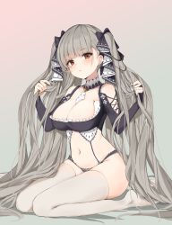 Rule 34 | 1girl, absurdres, azur lane, bare shoulders, black nails, black panties, blush, breasts, cleavage, collarbone, commentary request, dorok, formidable (azur lane), hair ribbon, highres, large breasts, long hair, long legs, looking at viewer, nail polish, navel, panties, red eyes, ribbon, simple background, sitting, solo, thighhighs, twintails, underwear, very long hair