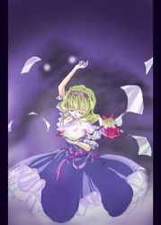 Rule 34 | 1girl, alice margatroid, arm up, blonde hair, blue dress, book, closed eyes, covering own eyes, doll, dress, female focus, hairband, paper, purple background, short hair, solo, touhou