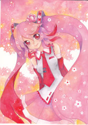 Rule 34 | 1girl, bad id, bad pixiv id, bare shoulders, cherry blossoms, detached sleeves, flower, hair flower, hair ornament, hatsune miku, headset, long hair, looking at viewer, marker (medium), mosho, name connection, necktie, object namesake, painting (medium), petals, pink hair, red eyes, sakura miku, smile, solo, traditional media, twintails, very long hair, vocaloid, watercolor (medium), watercolor pencil (medium)