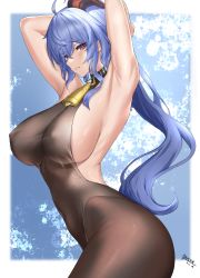 Rule 34 | 1girl, ahoge, animal collar, arched back, armpits, arms behind head, arms up, black collar, black leotard, blue hair, breasts, brown pantyhose, closed mouth, collar, covered erect nipples, cowboy shot, duchessofarmeria, embarrassed, from side, ganyu (genshin impact), genshin impact, goat horns, hair between eyes, highleg, highleg leotard, highres, horns, large breasts, leotard, long hair, pantyhose, purple eyes, sideboob, signature, simple background, solo