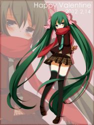 Rule 34 | 10s, 1girl, 2012, aqua eyes, blush, dated, full body, gift, green hair, hair ribbon, happy valentine, hatsune miku, highres, loafers, long hair, miniskirt, necktie, plaid, plaid skirt, red scarf, ribbon, scarf, shoes, skirt, solo, thighhighs, twintails, valentine, very long hair, vocaloid, zoom layer
