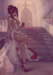 Rule 34 | 10s, 1girl, alcohol, allyha kiade, animal ears, arm at side, bare arms, bare legs, bare shoulders, blue eyes, bracelet, breasts, breasts apart, cat ears, cat tail, chandelier, cleavage, closed mouth, collarbone, cup, dark-skinned female, dark skin, drinking glass, facial mark, feet, final fantasy, final fantasy xiv, flower, full body, hair flower, hair ornament, hair ribbon, high heels, holding, holding cup, holding drinking glass, indoors, jewelry, leg up, looking at viewer, medium breasts, miqo&#039;te, nail polish, navel, no bra, no panties, no socks, petals, railing, red hair, red lips, red nails, revealing clothes, ribbon, sandals, see-through, shoes, short hair, sideboob, slit pupils, smile, solo, soranamae, standing, standing on one leg, stomach, tail, toeless footwear, toes, warrior of light (ff14), wavy hair, whisker markings, white ribbon, wine, wine glass