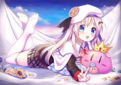 Rule 34 | 1girl, :d, absurdres, bat hair ornament, blue eyes, blue sky, blush, crown, dango daikazoku, flower, hair ornament, hat, highres, little busters!, long hair, long sleeves, lying, no shoes, noumi kudryavka, on stomach, open mouth, pillow, plaid, plaid skirt, ribbon-trimmed thighhighs, ribbon trim, sahara1127, skirt, sky, smile, solo, thighhighs, v, white hat, white thighhighs