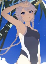 Rule 34 | 1girl, absurdres, alternate costume, blue archive, blue eyes, braid, breasts, deroops, grey hair, highres, kirino (blue archive), looking at viewer, low twin braids, low twintails, medium breasts, one-piece swimsuit, solo, swimsuit, trinity general school swimsuit, twin braids, twintails