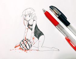 Rule 34 | 1girl, barefoot, blood, blood in hair, blood on arm, blood on face, bloody knife, breasts, closed mouth, competition school swimsuit, competition swimsuit, food, fruit, full body, greyscale, hair bun, hair ornament, highres, kneeling, knife, looking at viewer, monochrome, name tag, one-piece swimsuit, original, outo eguchi, paper (medium), pen, pen (medium), photo (medium), school swimsuit, single hair bun, small breasts, solo, spot color, swimsuit, watermelon, x hair ornament