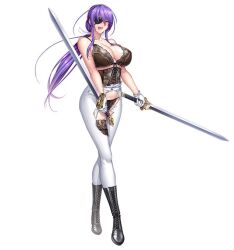 Rule 34 | 1girl, black panties, bra, bracer, breasts, curvy, eyepatch, female focus, food, holding, holding food, kagami hirotaka, large breasts, lilith-soft, lingerie, lips, long hair, low ponytail, navel, official art, onmyou kishi towako, panties, purple hair, shiki reika, shiny skin, simple background, smile, solo, sweat, taimanin (series), taimanin rpgx, thong, torn clothes, underwear, white background, wide hips
