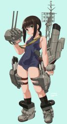 Rule 34 | 1girl, adapted turret, alternate costume, black hair, blue one-piece swimsuit, blush, breasts, cannon, covered navel, dd (ijigendd), fubuki (kancolle), full body, green eyes, highres, kantai collection, looking at viewer, low ponytail, one-piece swimsuit, open mouth, ponytail, revision, rigging, school swimsuit, short ponytail, sidelocks, small breasts, smokestack, solo, standing, swimsuit, torpedo, torpedo launcher, torpedo tubes